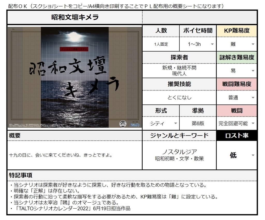 【日本語/中文】CoCシナリオ『昭和文壇キメラ』【SPLL:E107613】