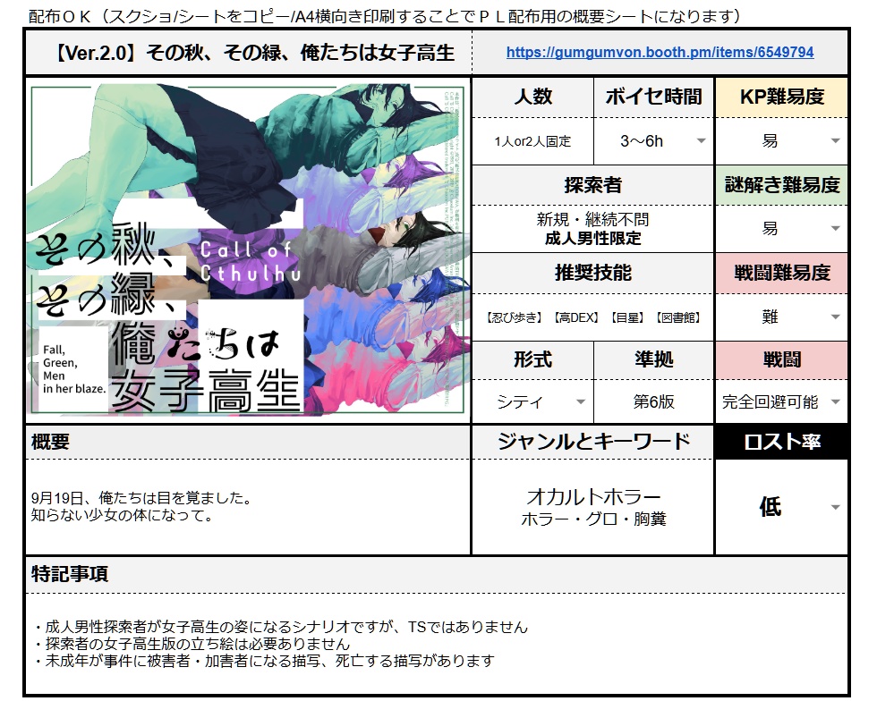 【Ver.2.0】CoCシナリオ『その秋、その緑、俺たちは女子高生』SPLL:E194536