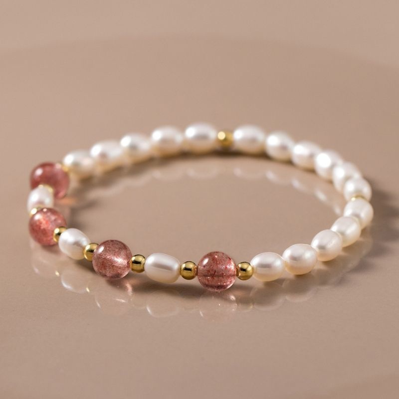 ストロベリークォーツと真珠のブレスレット - 華やかな輝きが魅力A019