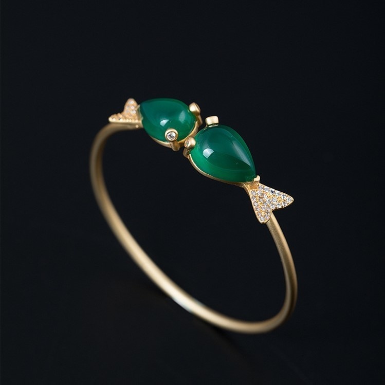 魚のバングル グリーンカルセドニー シルバー B012