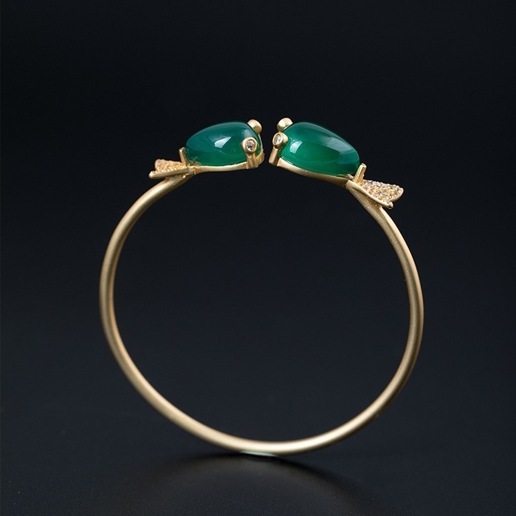 魚のバングル グリーンカルセドニー シルバー B012