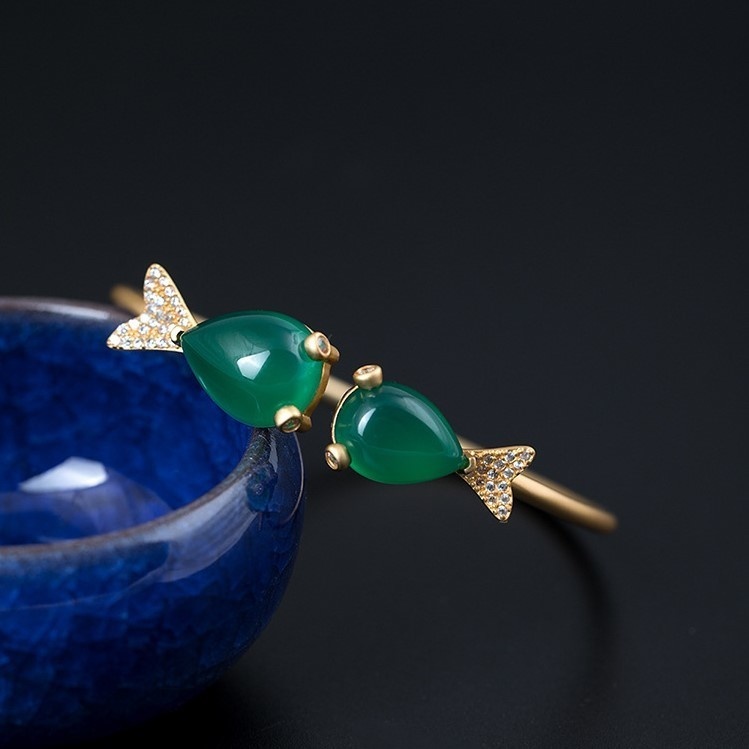 魚のバングル グリーンカルセドニー シルバー B012