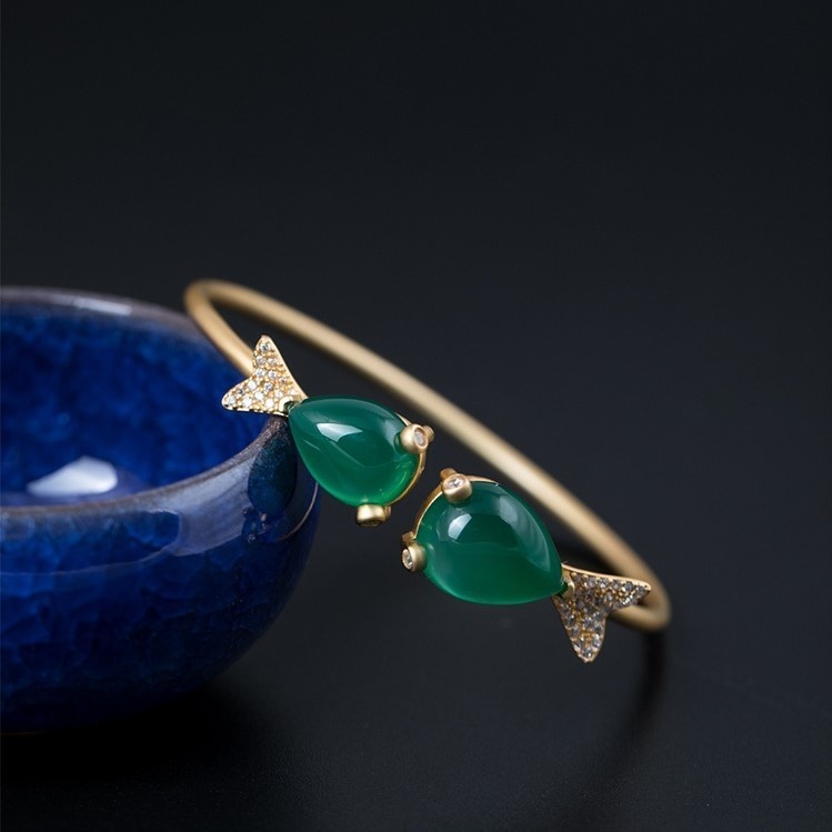 魚のバングル グリーンカルセドニー シルバー B012