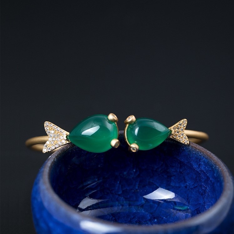 魚のバングル グリーンカルセドニー シルバー B012