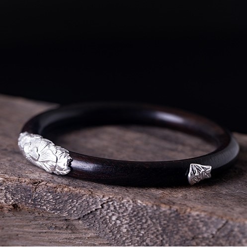 牡丹のバングル ボタン 黒檀 シルバー B015