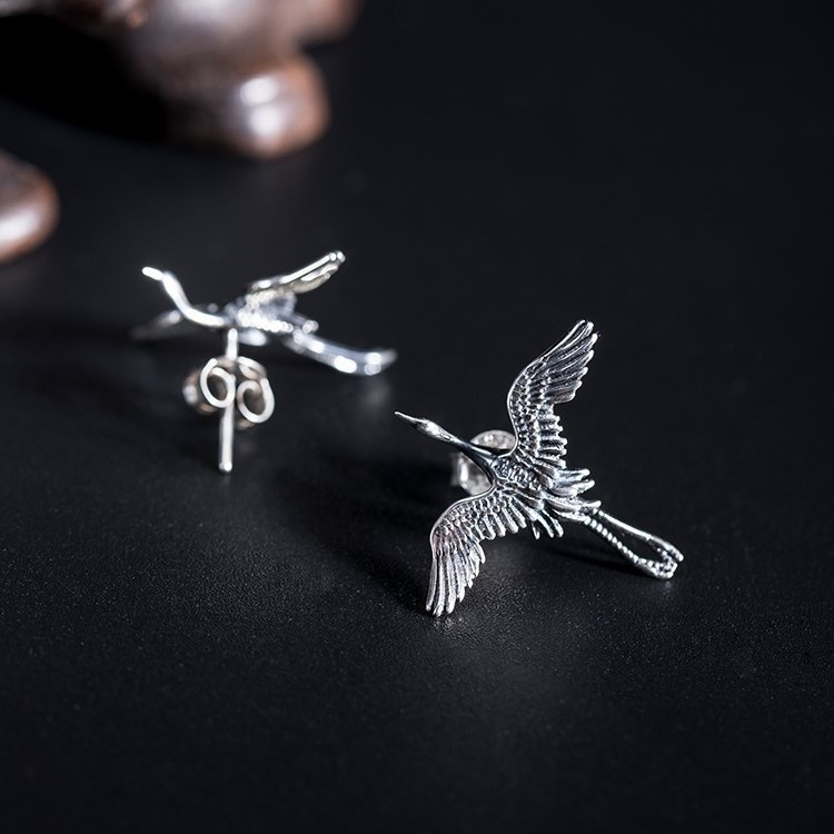 鶴のピアス つる シルバー P004