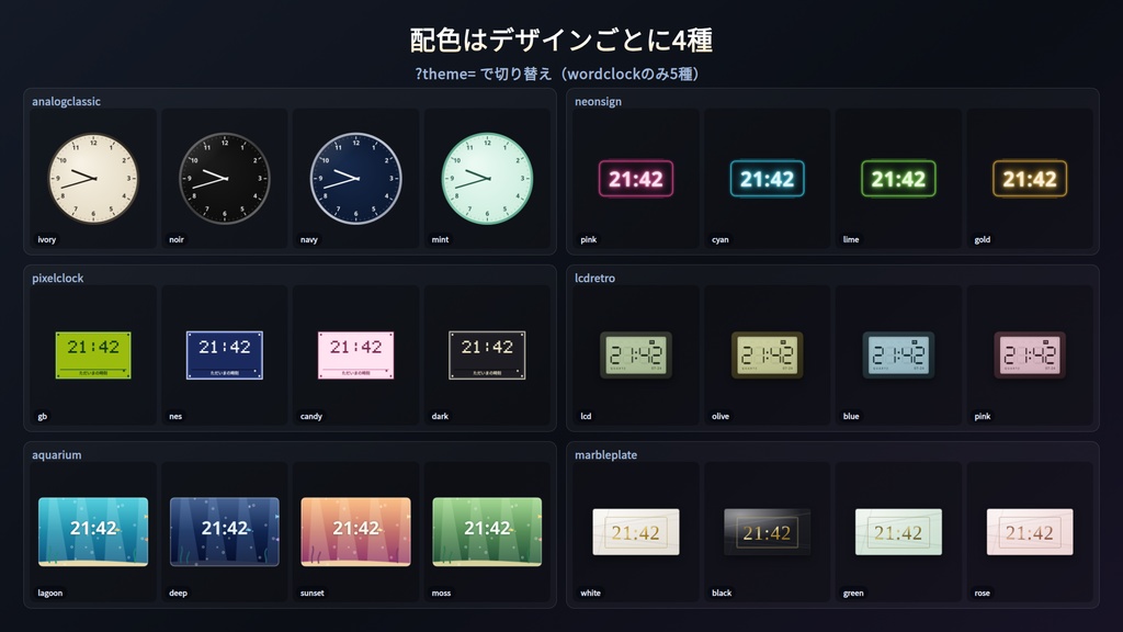 【配信】時計 OBS用デザインパック 20種 ─ アナログ/ネオン/漢数字/ドット絵など・透過・登録不要
