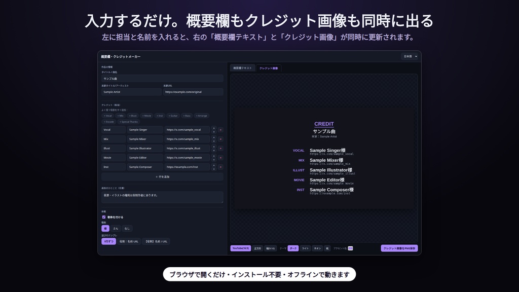 概要欄・クレジットメーカー|歌ってみた・実況のクレジットを入力するだけ|コピペ用テキスト+クレジット画像PNGを同時に書き出し・並び3種・敬称・テーマ4種・16:9/正方形/縦・インストール不要・Win&Mac・オフライン