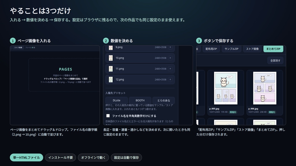 DL販売 入稿パッケージャ|ページ画像を入れるだけで配布用ZIP・サンプルZIP(SAMPLE透かし)・ストア画像560×420/1000×1000を一度に書き出し|規格内表示・インストール不要・Win&Mac・オフライン