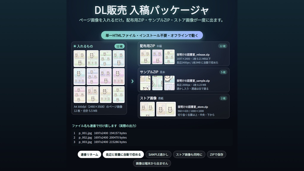 DL販売 入稿パッケージャ｜ページ画像を入れるだけで配布用ZIP・サンプルZIP（SAMPLE透かし）・ストア画像560×420/1000×1000を一度に書き出し｜規格内表示・インストール不要・Win&Mac・オフライン