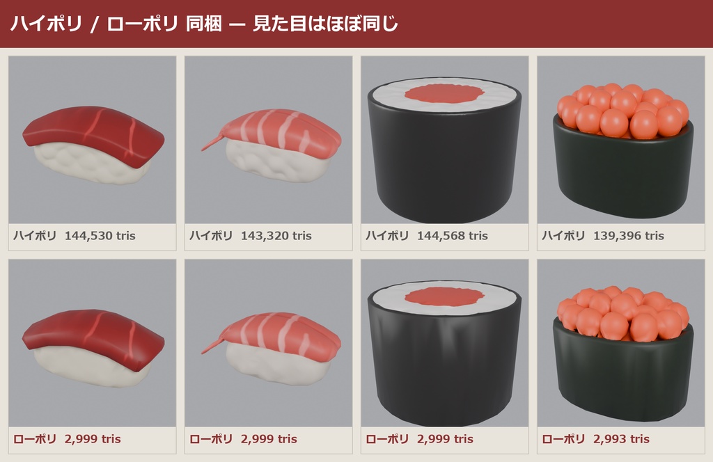 寿司 3Dモデル 10種セット|ローポリ+ハイポリ同梱 VRChatワールド向け