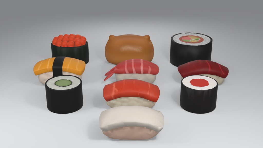 寿司 3Dモデル 10種セット|ローポリ+ハイポリ同梱 VRChatワールド向け