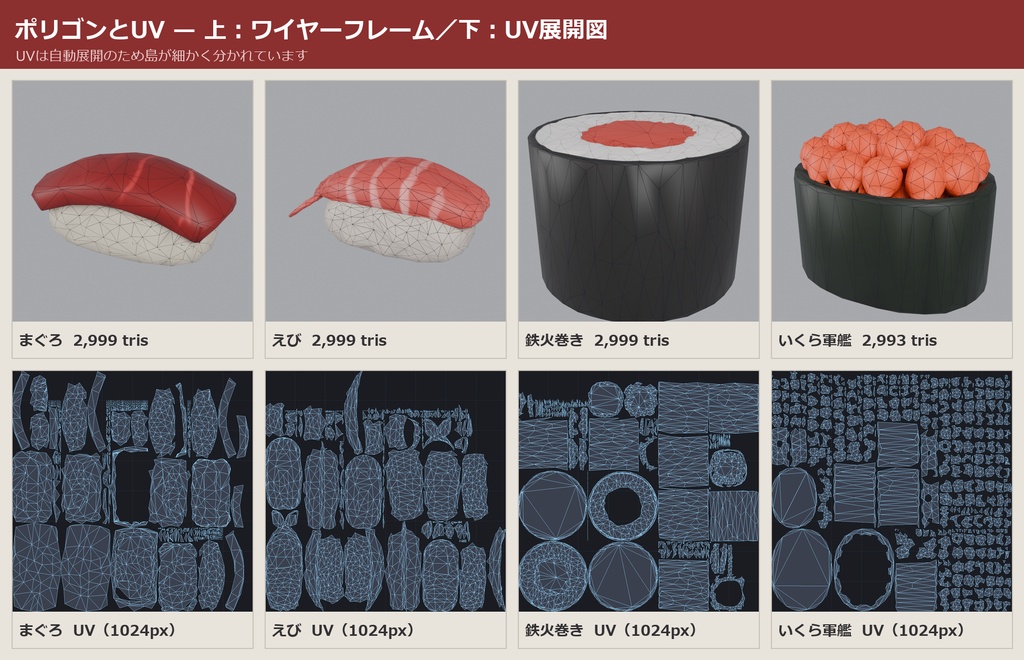 寿司 3Dモデル 10種セット|ローポリ+ハイポリ同梱 VRChatワールド向け