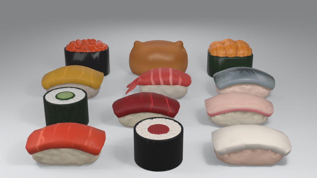 寿司 3Dモデル 12種セット|ローポリ+ハイポリ同梱 VRChatワールド向け