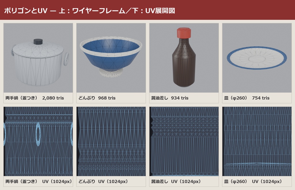 キッチン小物パック 8点セット|VRChat ワールド向け 3Dモデル