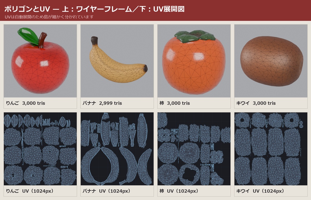果物 3Dモデル 10種セット|ローポリ+ハイポリ同梱 VRChatワールド向け