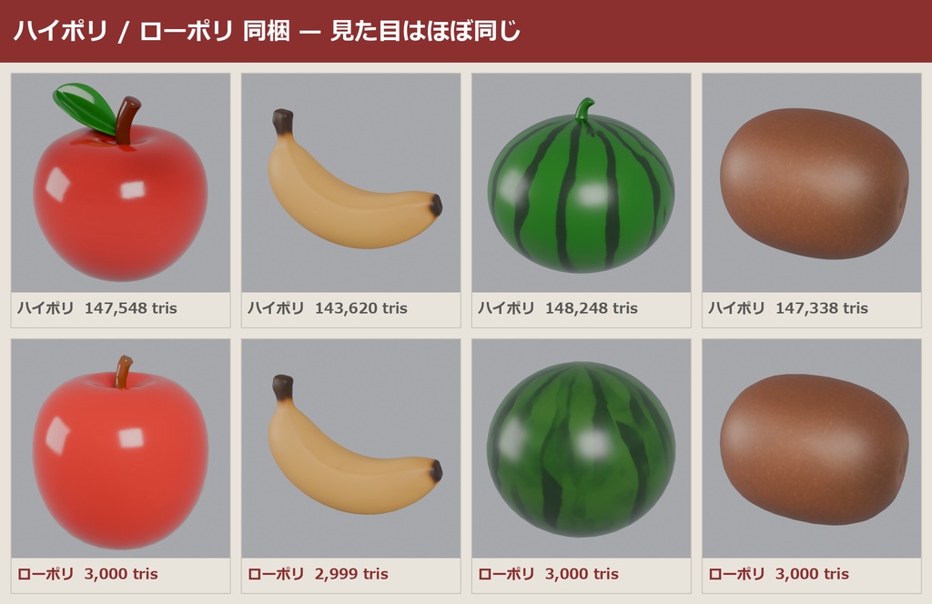 果物 3Dモデル 10種セット|ローポリ+ハイポリ同梱 VRChatワールド向け