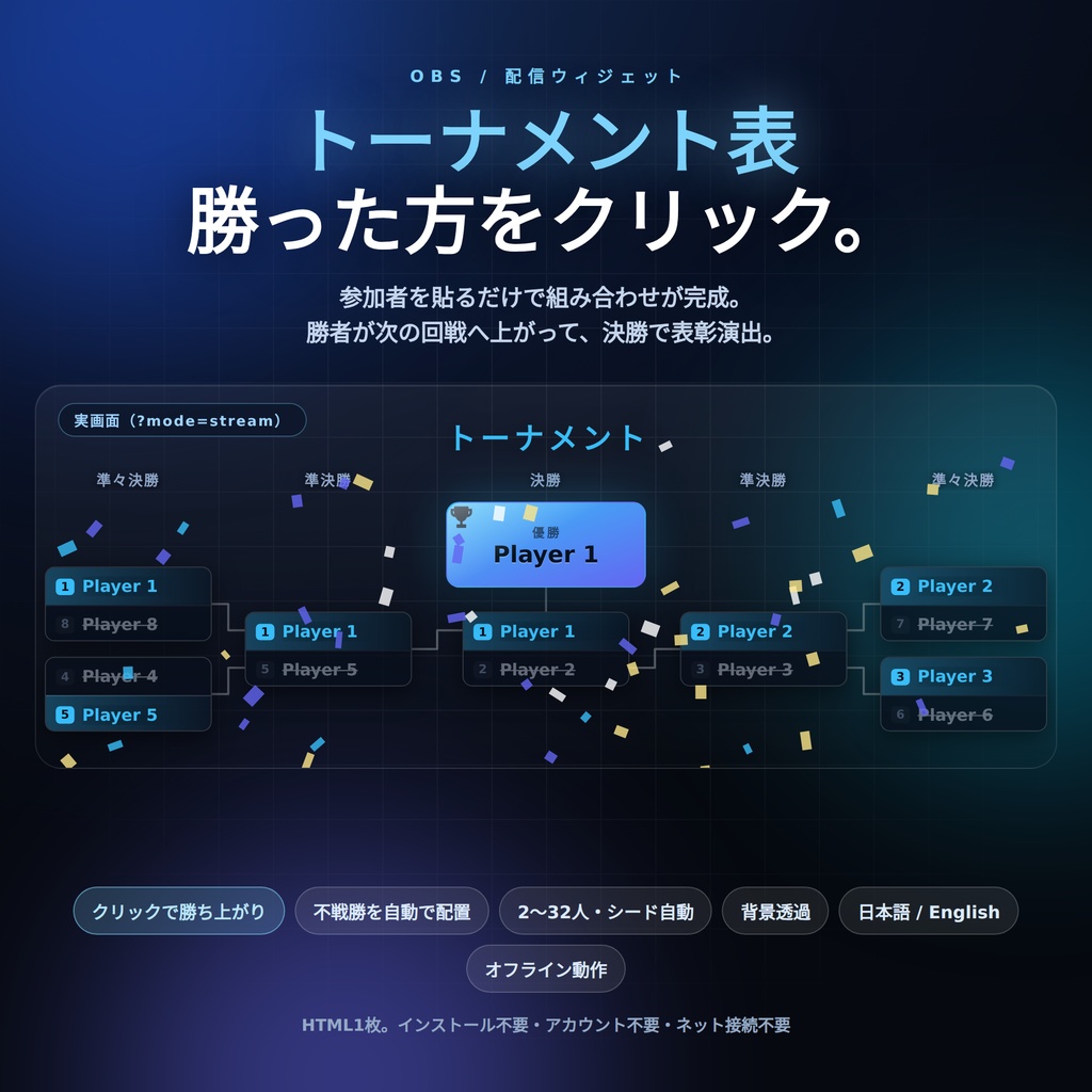 【配信】トーナメント表｜勝った方をクリックで勝ち上がり｜2〜32人・シード自動・不戦勝対応・OBS透過・8テーマ・日英・登録不要