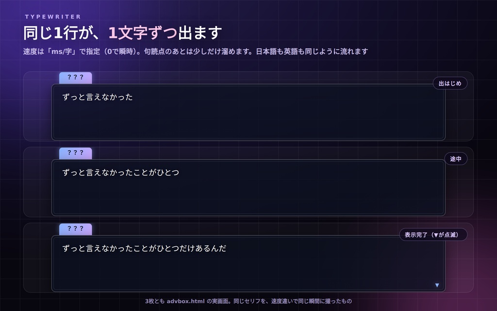 【配信】ADV風セリフ枠|ノベルゲーム風テキストボックス|タイプライター・話者名・選択肢・OBS透過・日英・登録不要