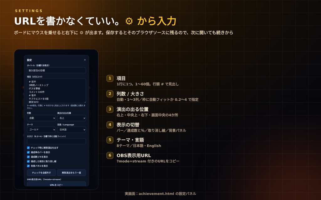 【配信】実績ボード(目標チェックリスト)|達成した瞬間に実績解除の演出|耐久・マラソン配信の目標管理|最大60項目・OBS透過・8テーマ・日英・登録不要