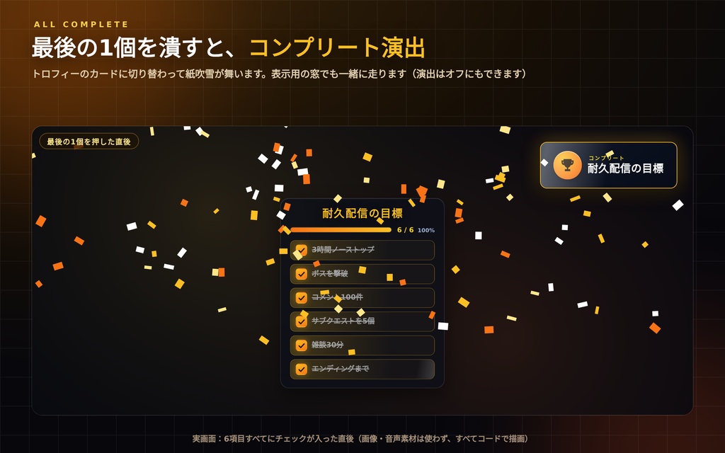 【配信】実績ボード(目標チェックリスト)|達成した瞬間に実績解除の演出|耐久・マラソン配信の目標管理|最大60項目・OBS透過・8テーマ・日英・登録不要
