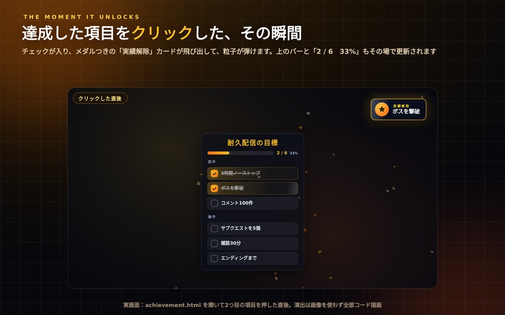 【配信】実績ボード(目標チェックリスト)|達成した瞬間に実績解除の演出|耐久・マラソン配信の目標管理|最大60項目・OBS透過・8テーマ・日英・登録不要