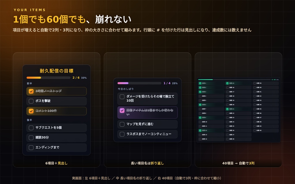 【配信】実績ボード(目標チェックリスト)|達成した瞬間に実績解除の演出|耐久・マラソン配信の目標管理|最大60項目・OBS透過・8テーマ・日英・登録不要
