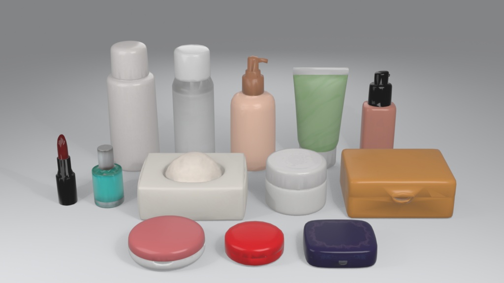 化粧品・コスメ 3Dモデル 13種セット|ドレッサー・洗面台まわりに置く小物|ローポリ+ハイポリ同梱 VRChatワールド向け