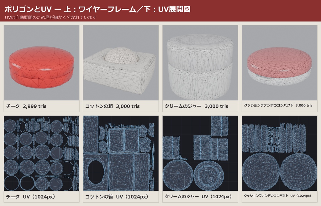 化粧品・コスメ 3Dモデル 13種セット|ドレッサー・洗面台まわりに置く小物|ローポリ+ハイポリ同梱 VRChatワールド向け