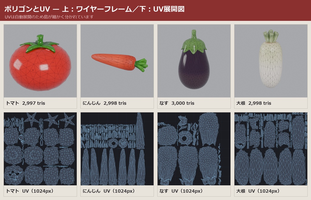 野菜 3Dモデル 17種セット|キッチン・八百屋・畑ワールドに置く小物|ローポリ+ハイポリ同梱 VRChatワールド向け