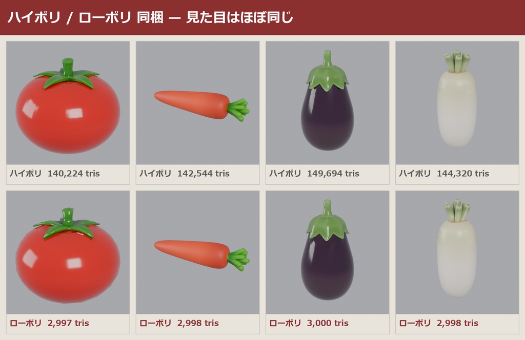 野菜 3Dモデル 17種セット|キッチン・八百屋・畑ワールドに置く小物|ローポリ+ハイポリ同梱 VRChatワールド向け