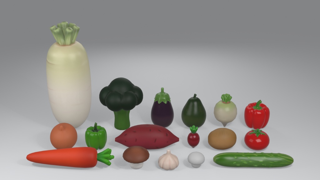 野菜 3Dモデル 17種セット|キッチン・八百屋・畑ワールドに置く小物|ローポリ+ハイポリ同梱 VRChatワールド向け