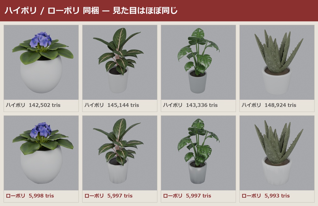 観葉植物パック 3Dモデル 40種セット|ローポリ+ハイポリ同梱 VRChatワールド向け