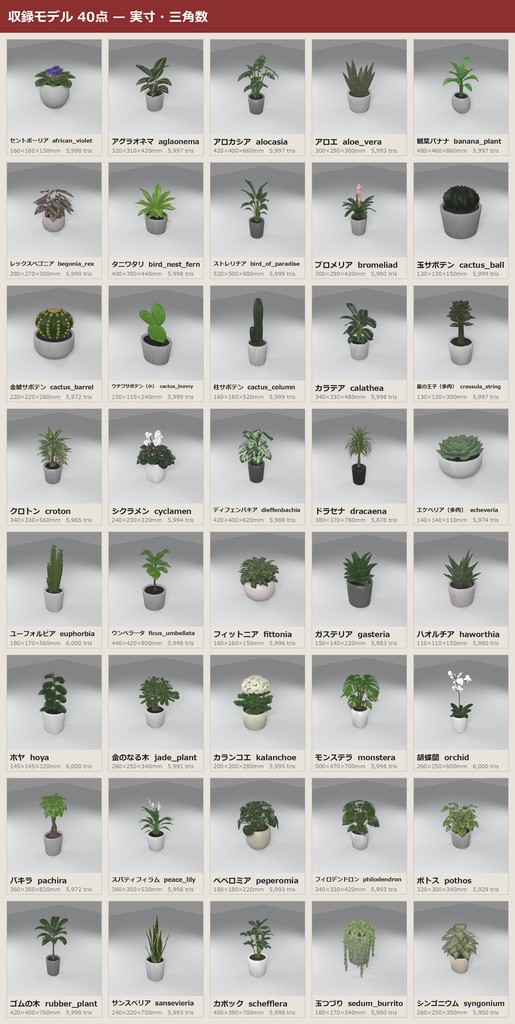 観葉植物パック 3Dモデル 40種セット|ローポリ+ハイポリ同梱 VRChatワールド向け