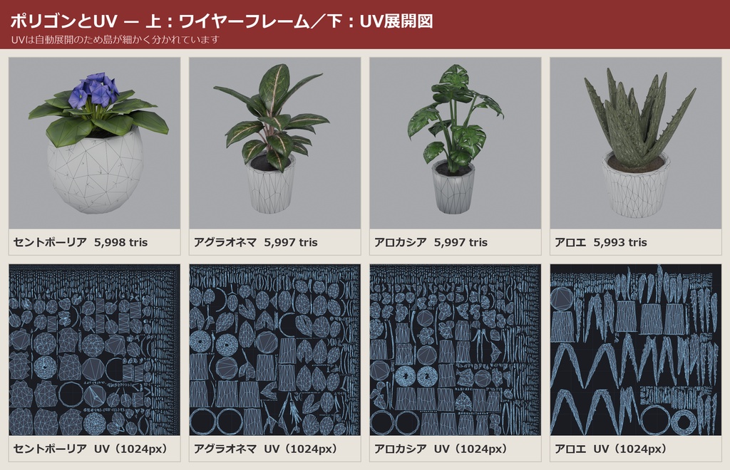 観葉植物パック 3Dモデル 40種セット|ローポリ+ハイポリ同梱 VRChatワールド向け