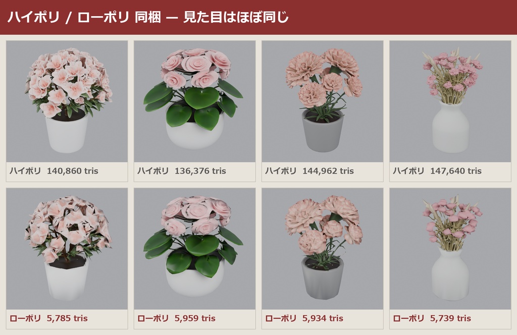 花パック 3Dモデル 20種セット|ローポリ+ハイポリ同梱 VRChatワールド向け