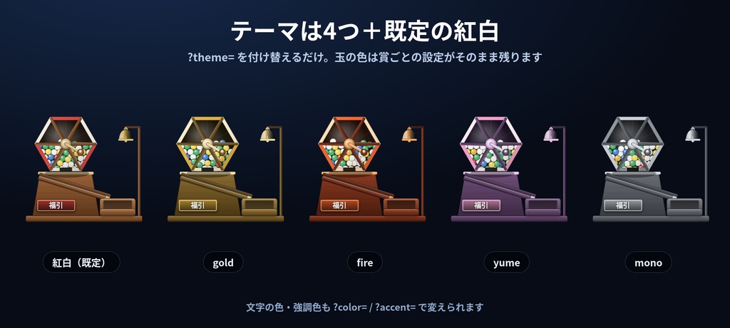 【配信】福引きガラガラ|回すと玉が転がり出る抽選器|賞と玉の数は自由・抽選会モード・暗号論的乱数・音つき・OBS透過・日英・登録不要