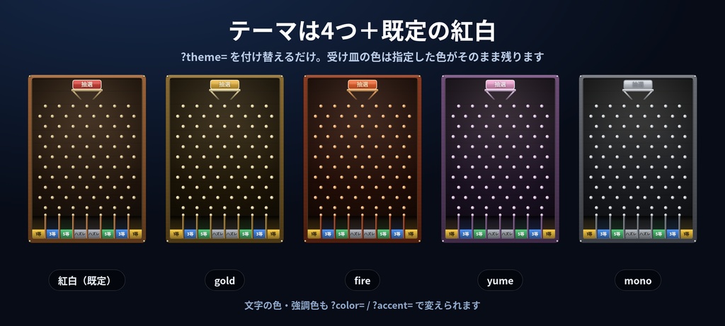 【配信】玉落とし|釘を跳ねて落ちた受け皿で賞が決まる抽選盤|受け皿3〜10個・名前と色は自由・玉は最大8個・音つき・OBS透過・日英・登録不要
