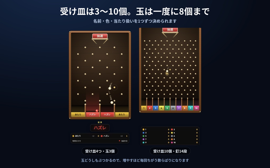 【配信】玉落とし|釘を跳ねて落ちた受け皿で賞が決まる抽選盤|受け皿3〜10個・名前と色は自由・玉は最大8個・音つき・OBS透過・日英・登録不要
