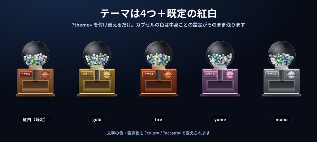 【配信】カプセルトイ販売機|回すとカプセルが落ちて開く抽選器|中身と数は自由・レア度★3段階・抽選会モード・暗号論的乱数・音つき・OBS透過・日英・登録不要
