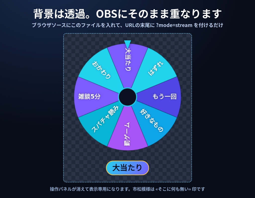 配信ルーレット|OBSに背景透過で出せる抽選ツール|ホイール/スロット/カプセルトイ/カードめくりの4演出・カプセルトイはレア度N/R/SR・重み付き・複数当選・当選者の除外・インストール不要・Win&Mac・オフライン