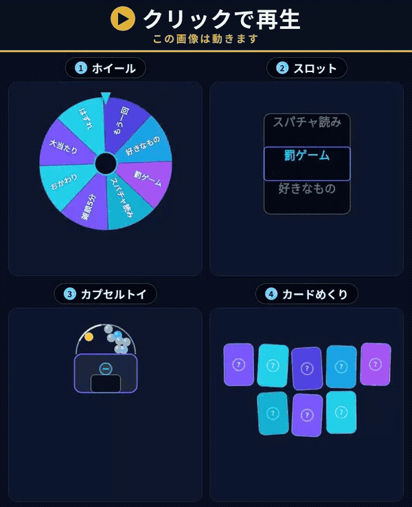 配信ルーレット|OBSに背景透過で出せる抽選ツール|ホイール/スロット/カプセルトイ/カードめくりの4演出・カプセルトイはレア度N/R/SR・重み付き・複数当選・当選者の除外・インストール不要・Win&Mac・オフライン