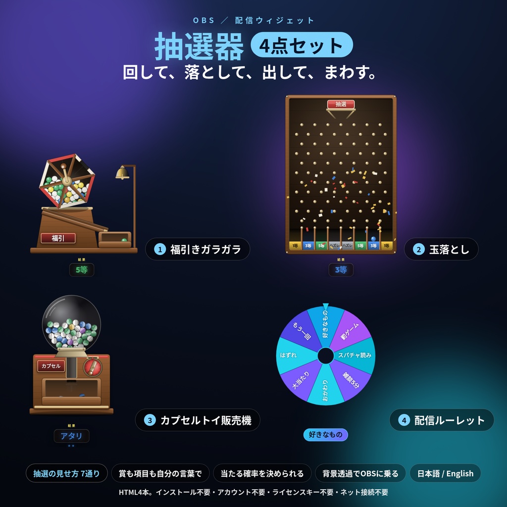 【配信】抽選器4点セット|福引きガラガラ・玉落とし・カプセルトイ販売機・配信ルーレット|抽選の見せ方7通り・賞も当たりやすさも自由・OBS透過・日英・登録不要|バラより¥1,100お得