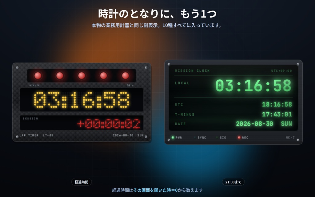 【配信】現場の計器の時計 10種|放送スタジオ・発車標・空港の世界時計・管制室|経過時間/カウントダウンつき・OBS背景透過・設定ボタン(⚙)つき・登録不要・無料版あり
