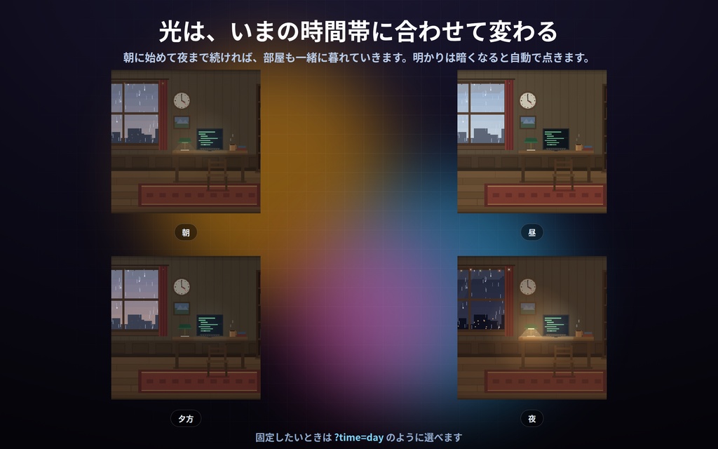 【配信】動くお部屋 3室|ドット絵のライブ背景|雨の夜の書斎・ネオンの部屋・冬の暖炉|壁の時計は実時刻・昼夜が実時間で変わる・動画ではないので軽い・登録不要