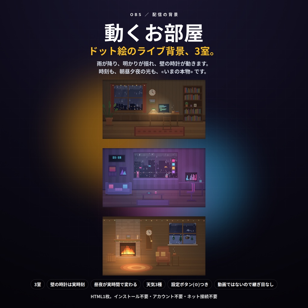 【配信】動くお部屋 3室|ドット絵のライブ背景|雨の夜の書斎・ネオンの部屋・冬の暖炉|壁の時計は実時刻・昼夜が実時間で変わる・動画ではないので軽い・登録不要