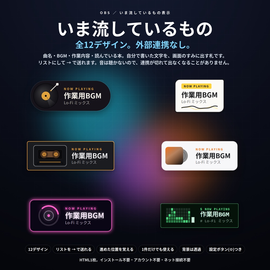 【配信】いま流しているもの表示 12デザイン|曲名も作業内容も自分で書くだけ|リストを→で送れる・外部連携なしで壊れない・OBS用・設定ボタン(⚙)つき