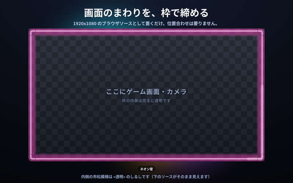 【配信】画面フレーム 16デザイン|真ん中は透明・ゲーム画面やカメラに重ねるだけ|静かに動く枠・太さ/角丸/色を変更可・OBS用・設定ボタン(⚙)つき