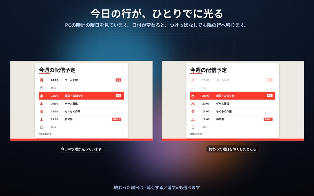 【配信】週間スケジュール表 12デザイン|今日の行が自動で光る|曜日と時刻を書くだけ・縦/横に切替・背景透過・OBS用・設定ボタン(⚙)つき