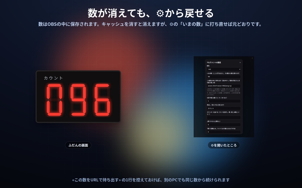 【配信】数えるカウンター 12デザイン|死亡数・何杯目・連続◯日目をクリックで+1|9つまとめて数えられる・数は⚙から打ち直せる・OBS背景透過・設定ボタン(⚙)つき・登録不要